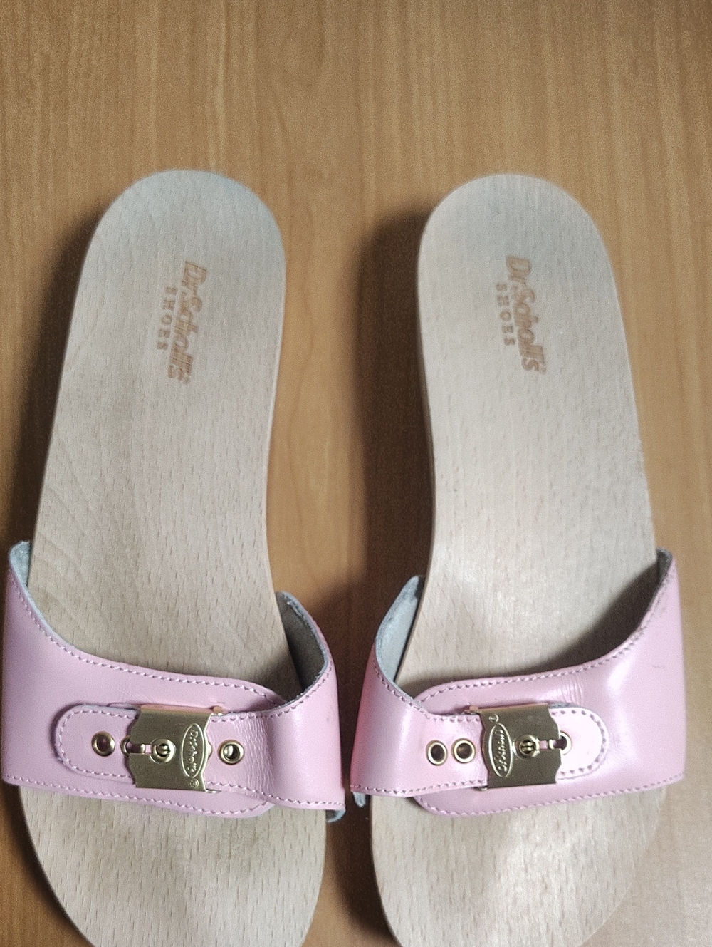 Dr. Scholl's Pink Original Collection Wood Slide Leather Clogs with Gold Buckle